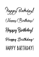 Happy birthday vintage hand lettering, brush ink calligraphy, vector type design, isolated on white background. Hand drawn design. Black and white.