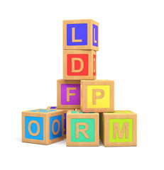 3d rendering of colorful toy blocks with different English letters isolated on a white background.
