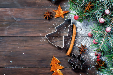 Background for Christmas baking, fir, balls, beads, cones, Spicy Christmas background.