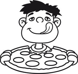 cool design abbeißen junge bisse hungrig salami pizza lecker essen hunger comic cartoon
