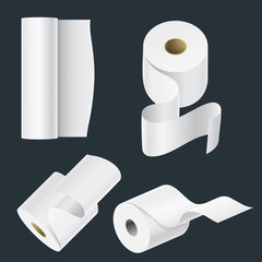 Realistic paper roll mock up set isolated vector illustration blank white 3d packaging kitchen towel template