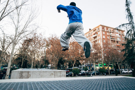 Man jumping during a parkour training