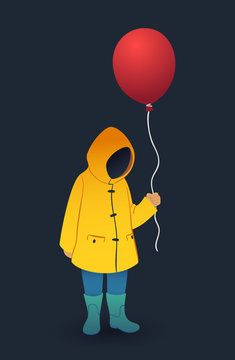 Kid in yellow raincoat and rubber boots holds red balloon. Vector illustration on dark background. IT horror concept.