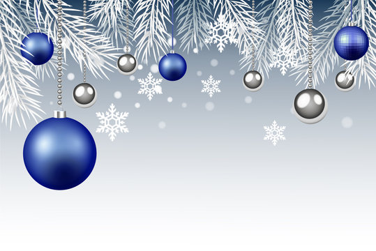 Christmas And New Year Illustration, sprus branches, blue and silver