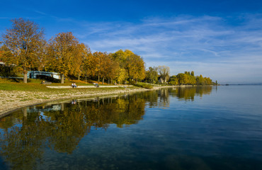Fototapeta na wymiar Herbstlandschaft am schönen Bodensee mit blauen Himmel 