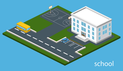 Isometric 3D concept vector illustration school with basketball field