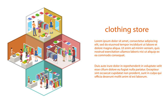 Isometric 3D vector shopping in clothes store