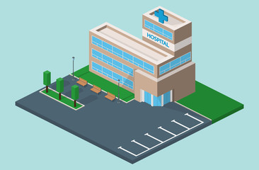 Isometric 3D vector illustration Hospital building and ambulance with parking spaces and park with benches
