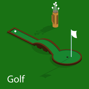 Isometric 3D Vector Illustration Golf Course With A Ball And A Golf Bag