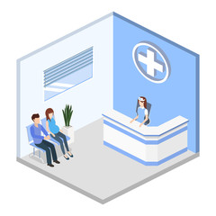 Isometric 3D vector illustration hospital reception with patients