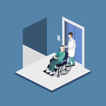 Isometric 3D vector illustration doctor with a patient on a wheelchair came out of the elevator