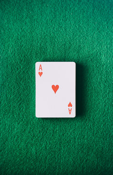 Cards: Ace Of Hearts Sits On Green Felt Table