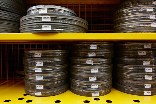 Stacks of movies in their metallic boxes