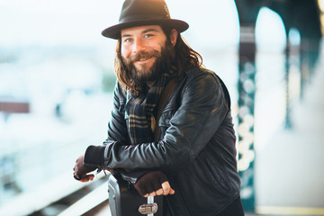 Happy commuter waits for the NYC subway