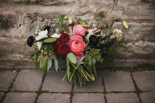 Juliet garden rose and pink ranunculus wedding floral bouquet