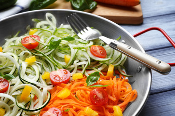 Frying pan with delicious vegetable spaghetti on table, closeup