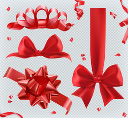 Decorations. Red bows. 3d set of vector icons