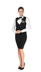 Female hotel receptionist in uniform on white background