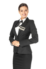 Female hotel receptionist in uniform on white background