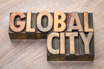 global city word abstract in wood type