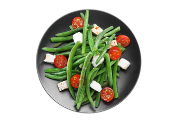 Plate with delicious green beans salad, isolated on white