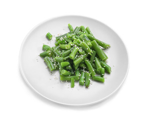 Plate with delicious green beans salad, isolated on white