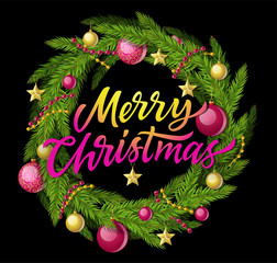 Merry Christmas wreath - modern vector realistic illustration with calligraphy text
