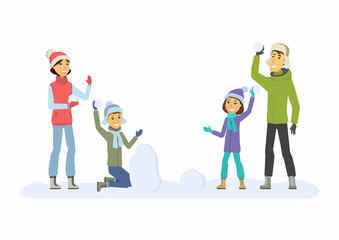 Happy family throwing snowballs - cartoon people characters illustration