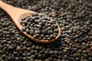 Green lentils and spoon, closeup