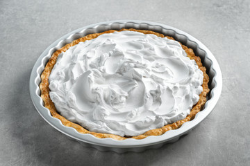 Delicious banana cake on table