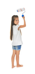 Little cute girl with paint roller on white background