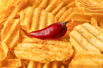 Potato chips with chili pepper, closeup
