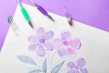 Child's drawing of beautiful flowers on color background, closeup