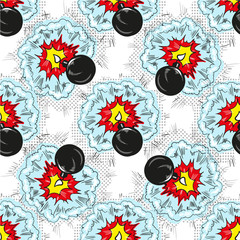 Bomb explosion pop art comic seamless pattern
