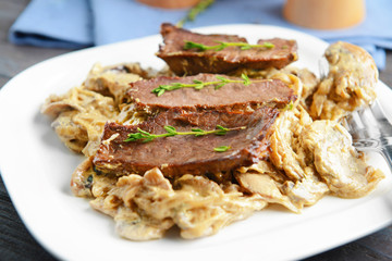 Plate with steak Diane, closeup