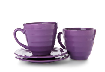 Ceramic dishware on white background