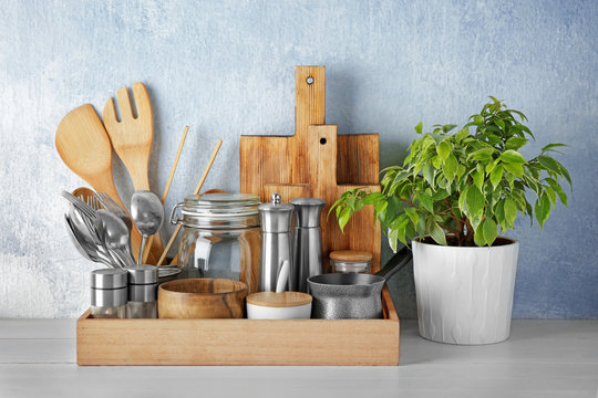 Cooking utensils on table