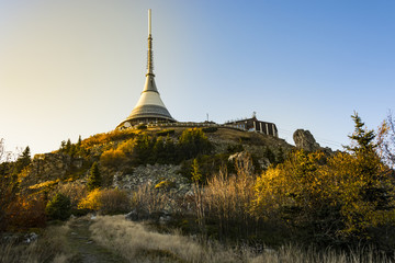 The "Ještěd" tower. Czech landmark lights under clear blue sky.
