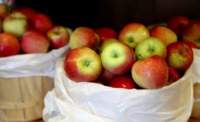 Barrels of apples for sale at a farmers market