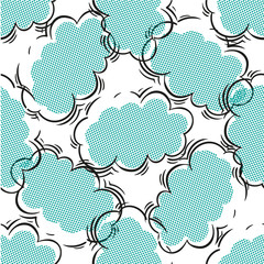 Black and blue seamless pattern with clouds, halftone style