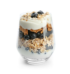 Healthy breakfast with oatmeal and blueberry in glass on white background - obrazy, fototapety, plakaty