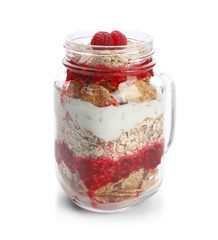 Healthy breakfast with oatmeal and raspberry in jar on white background