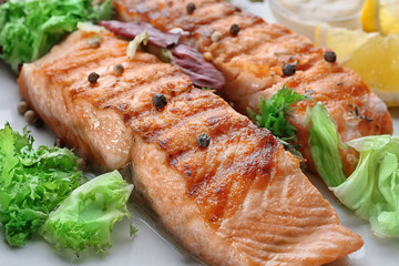 Delicious slices of salmon on plate, close up