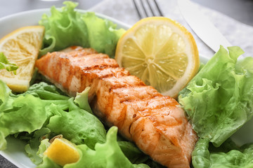 Slice of delicious salmon on plate, close up