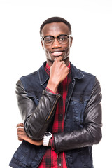 Fototapeta premium Closeup portrait of young man, student thinking daydreaming deeply about something, chin on hand, looking at you camera, isolated on white background. Human emotions, facial expressions, feelings