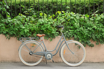 Fototapeta na wymiar Retro bicycle near fence outdoors
