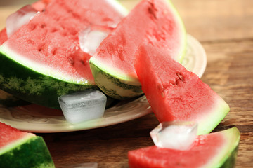 Tasty sliced watermelon on table, closeup