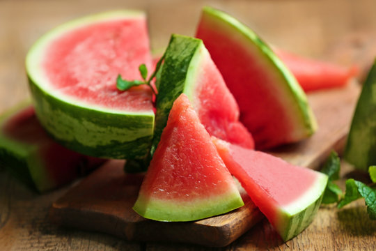 Tasty sliced watermelon on table, closeup