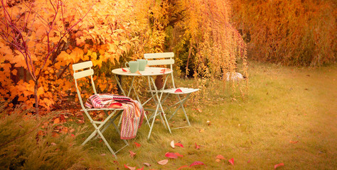 Colorful autumn garden nook with hot tea and blanket