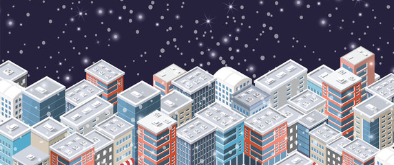 Christmas winter city background of buildings and houses, shops and offices, cafes with snowy fir trees